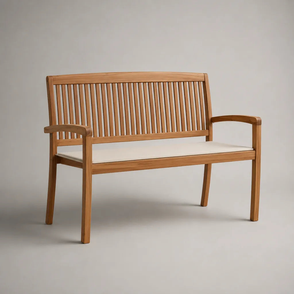Panca da giardino a 2 posti in legno massello di acacia con cuscino crema, 120 x 60 x 90 cm