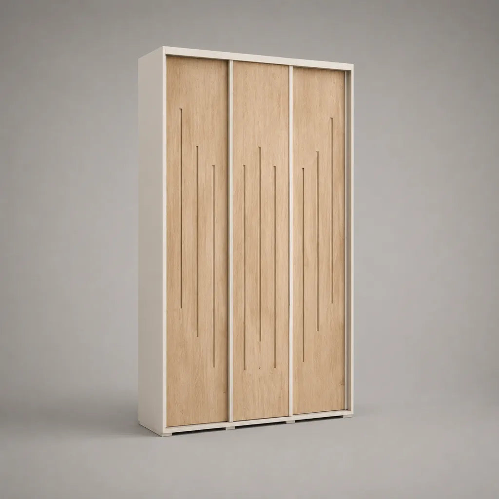 Armadio guardaroba rettangolare a 3 ante scorrevoli in truciolare melaminico, bianco e rovere chiaro, 150 × 60 × 210 cm