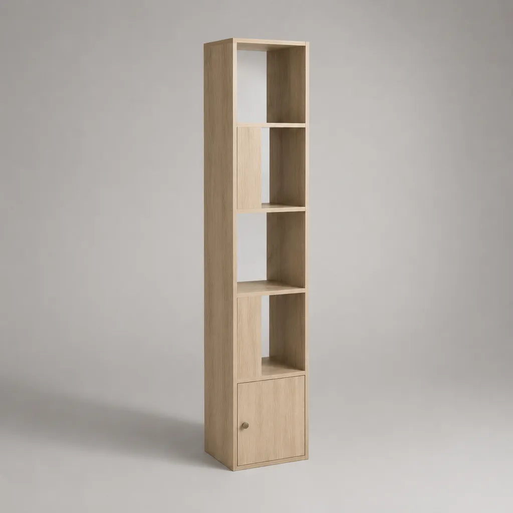 Libreria a colonna in truciolare melaminico rovere chiaro con 4 vani aperti e anta, 30 × 30 × 180 cm
