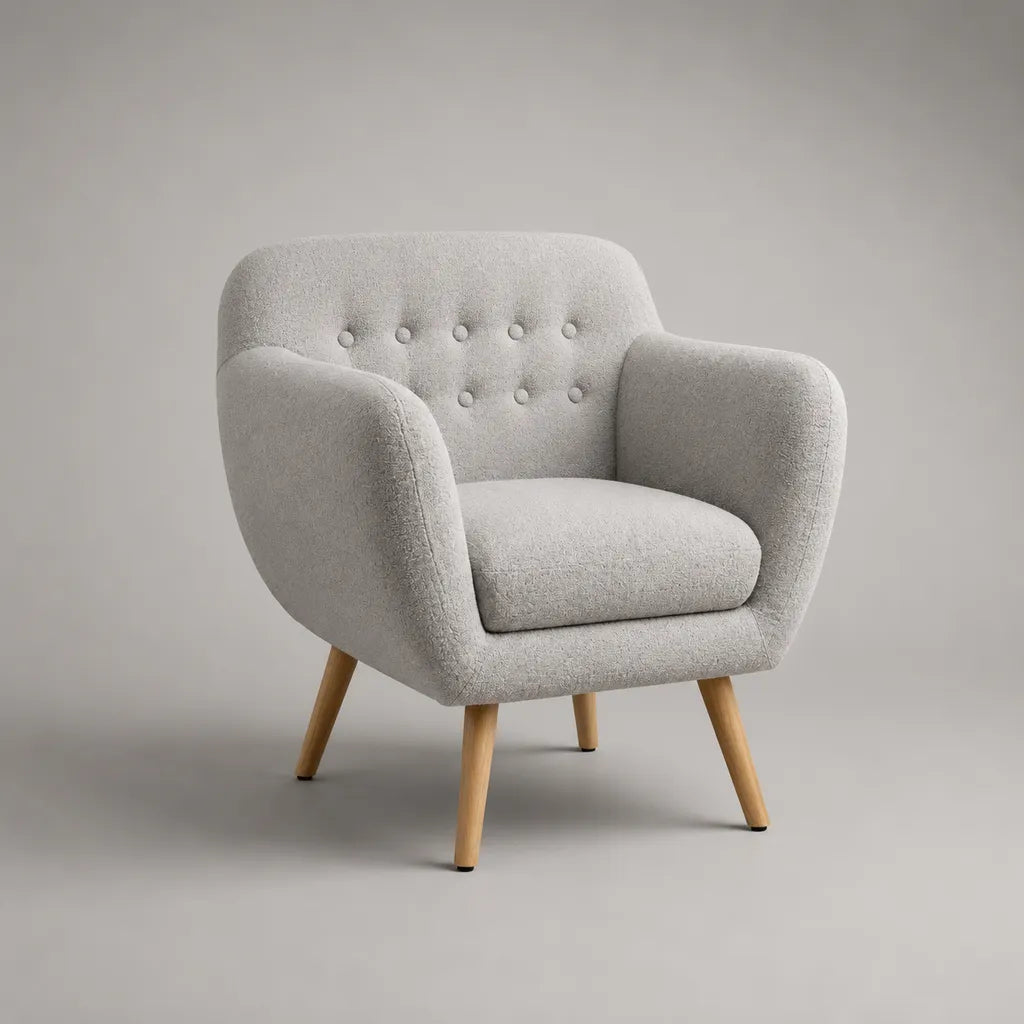 Poltrona imbottita in tessuto grigio chiaro con braccioli e gambe in legno, 78 × 75 × 84 cm