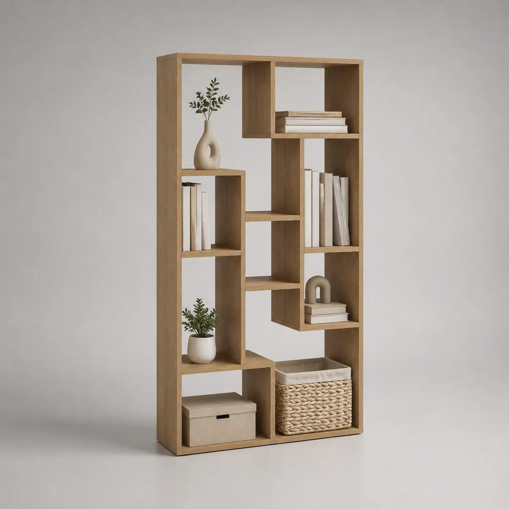 Libreria a giorno asimmetrica in pannello truciolare melaminico, rovere naturale, 80 x 24 x 180 cm