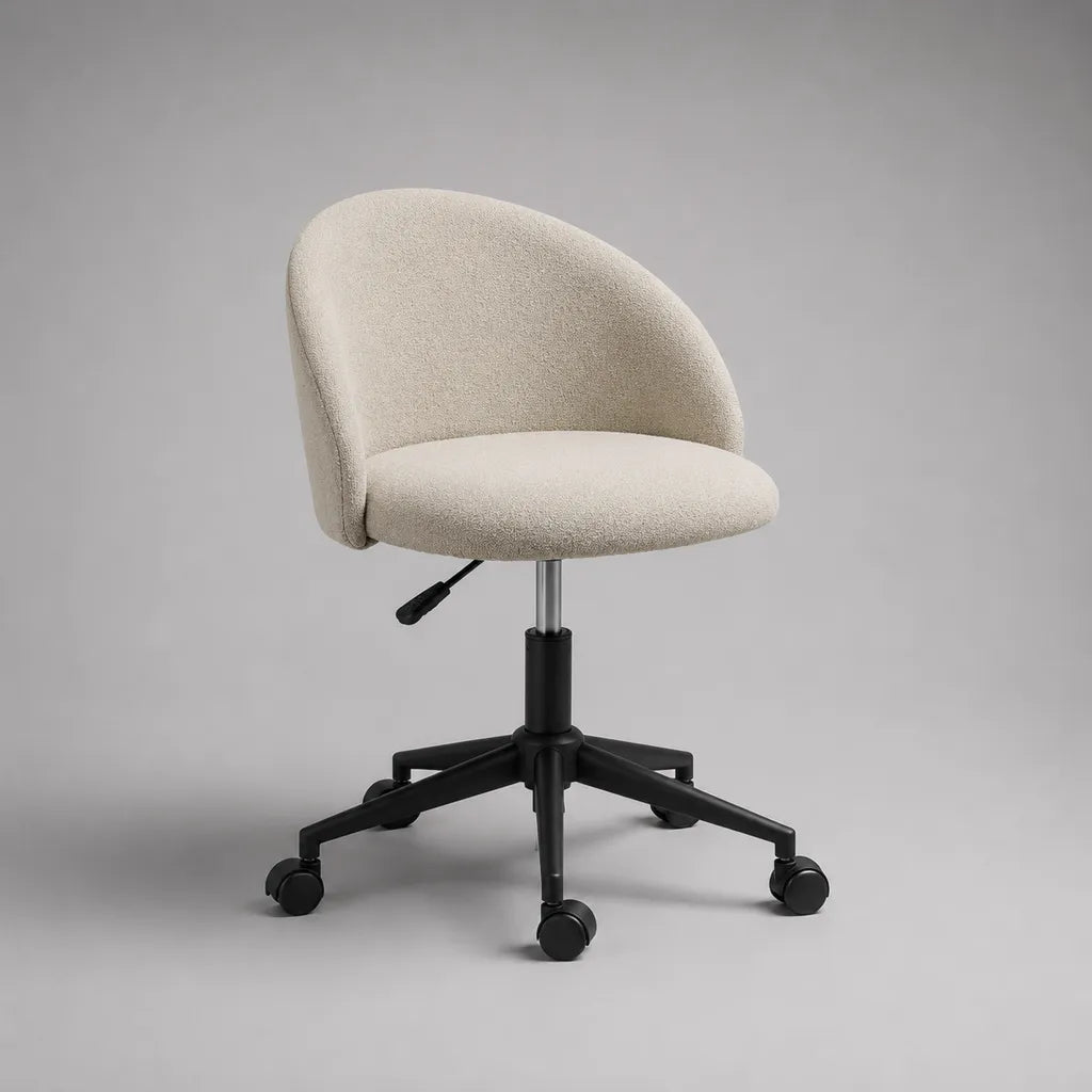 Sedia da ufficio girevole regolabile in tessuto bouclé beige con base nera a 5 razze, 60 x 60 x 78-88 cm