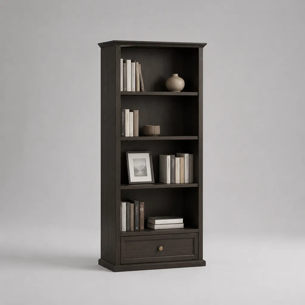 Libreria alta rettangolare in MDF impiallacciato marrone scuro con 4 ripiani e 1 cassetto, 90 x 35 x 190 cm