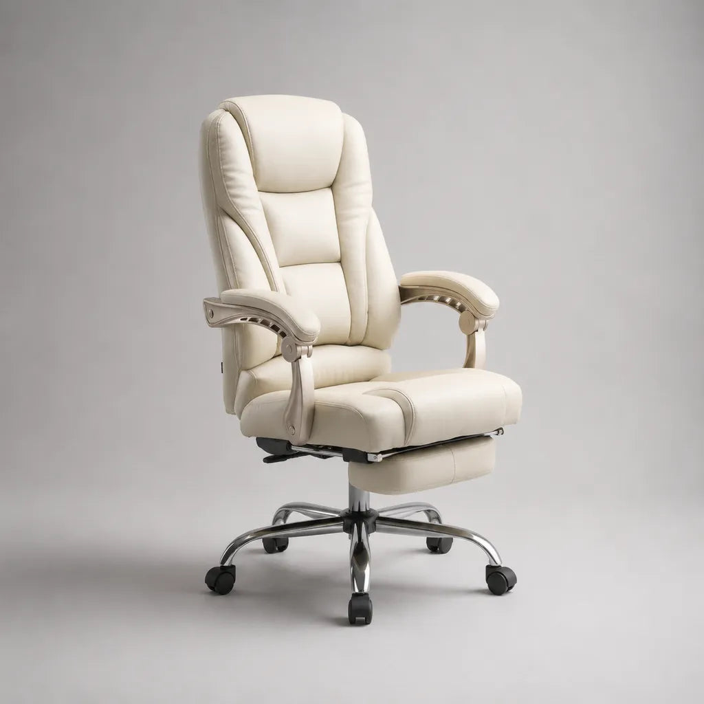 Sedia da ufficio reclinabile in similpelle con poggiapiedi, bianco crema, 68 × 72 × 118-128 cm