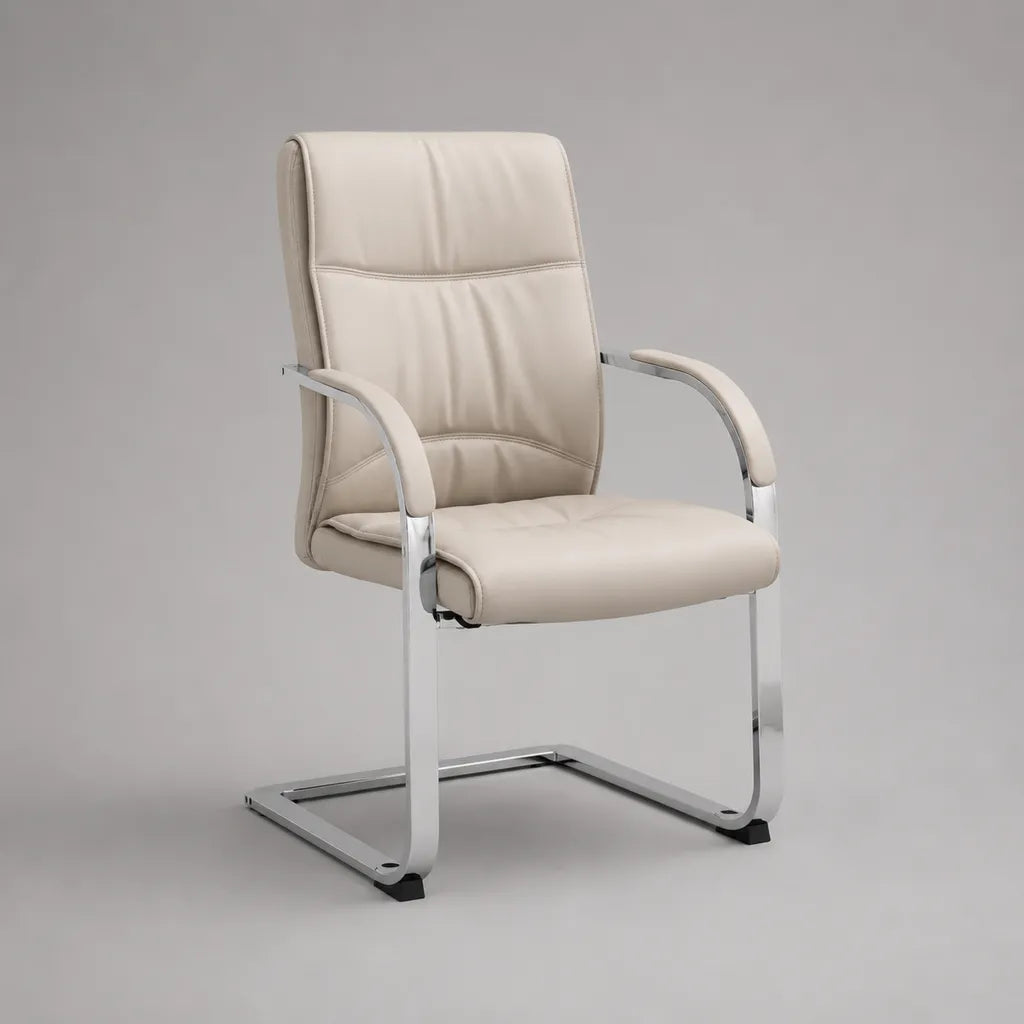 Sedia a sbalzo con braccioli in similpelle PU beige e acciaio cromato, 58 × 65 × 101 cm