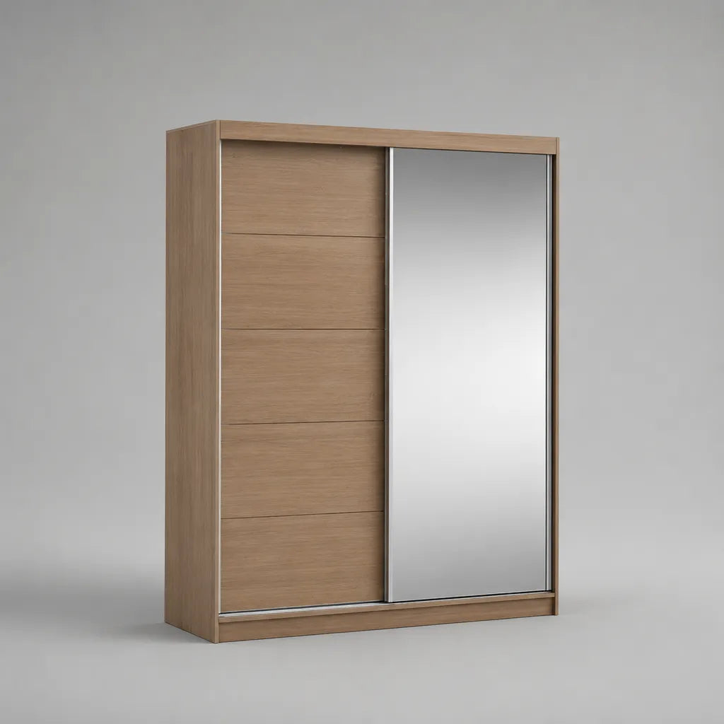 Armadio guardaroba a 2 ante scorrevoli con specchio in pannello truciolare, rovere naturale, 120 x 60 x 200 cm