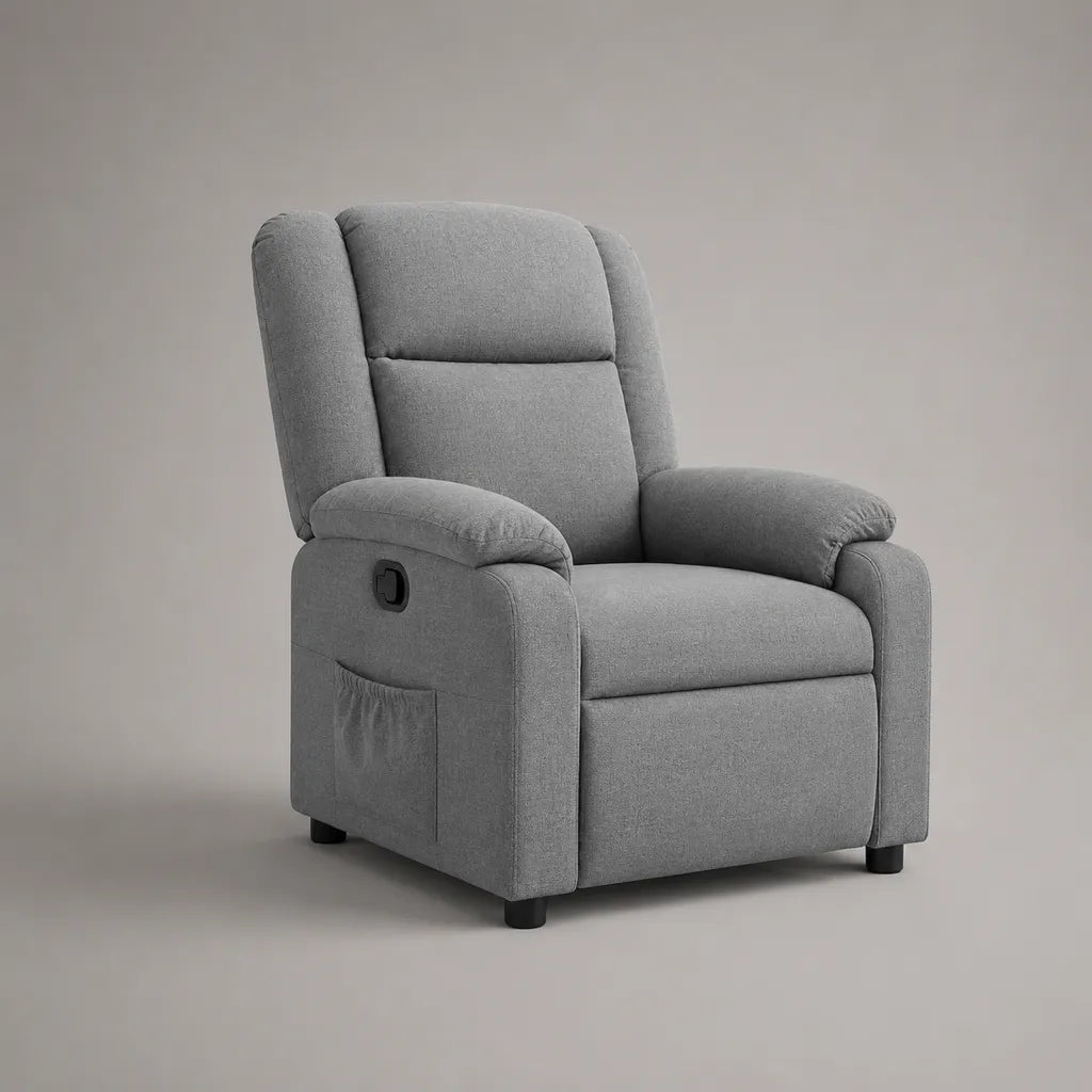 Poltrona relax reclinabile manuale in tessuto grigio chiaro con poggiapiedi e schienale alto, 92 x 95 x 105 cm
