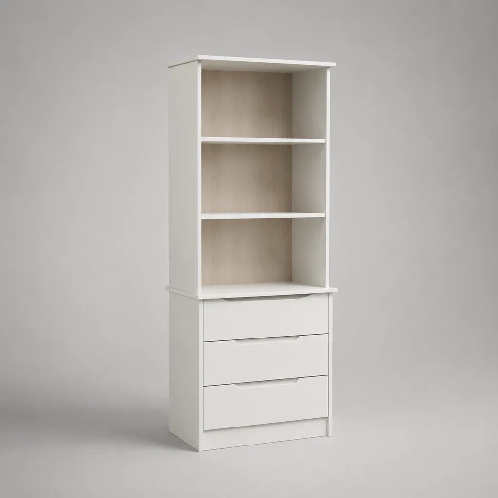 Libreria rettangolare in pannello truciolare melaminico bianco e rovere chiaro con 3 vani aperti e 3 cassetti, 60 x 40 x 160 cm