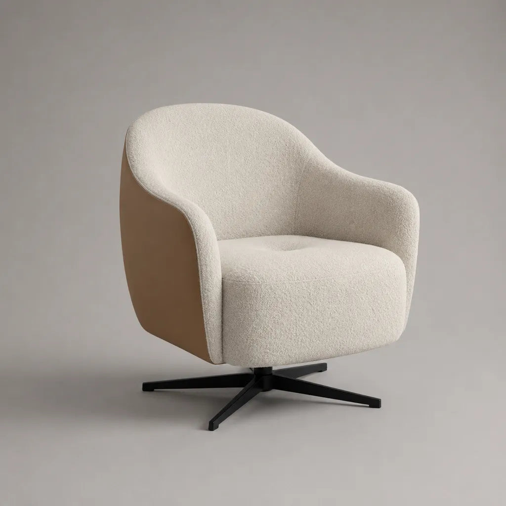 Poltrona girevole a 360° con schienale curvo, rivestimento in tessuto bouclé e pelle sintetica, avorio, beige e nero, 76 × 78 × 78 cm